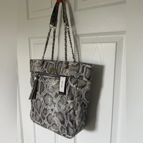 🆕 NINE WEST Caroline Faux Leather Snakeskin Tote NWT Large Purse HandBag Grey - Picture 5 of 15